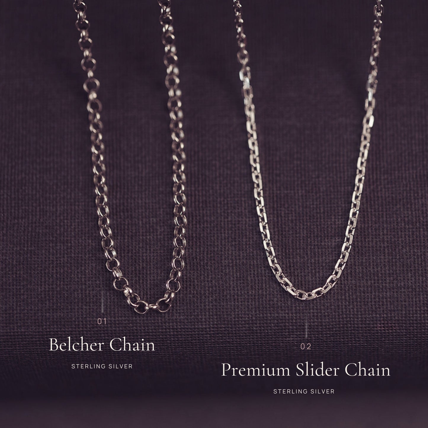 Two silver chains, a Belcher chain and a Premium Slider chain, on a dark background.