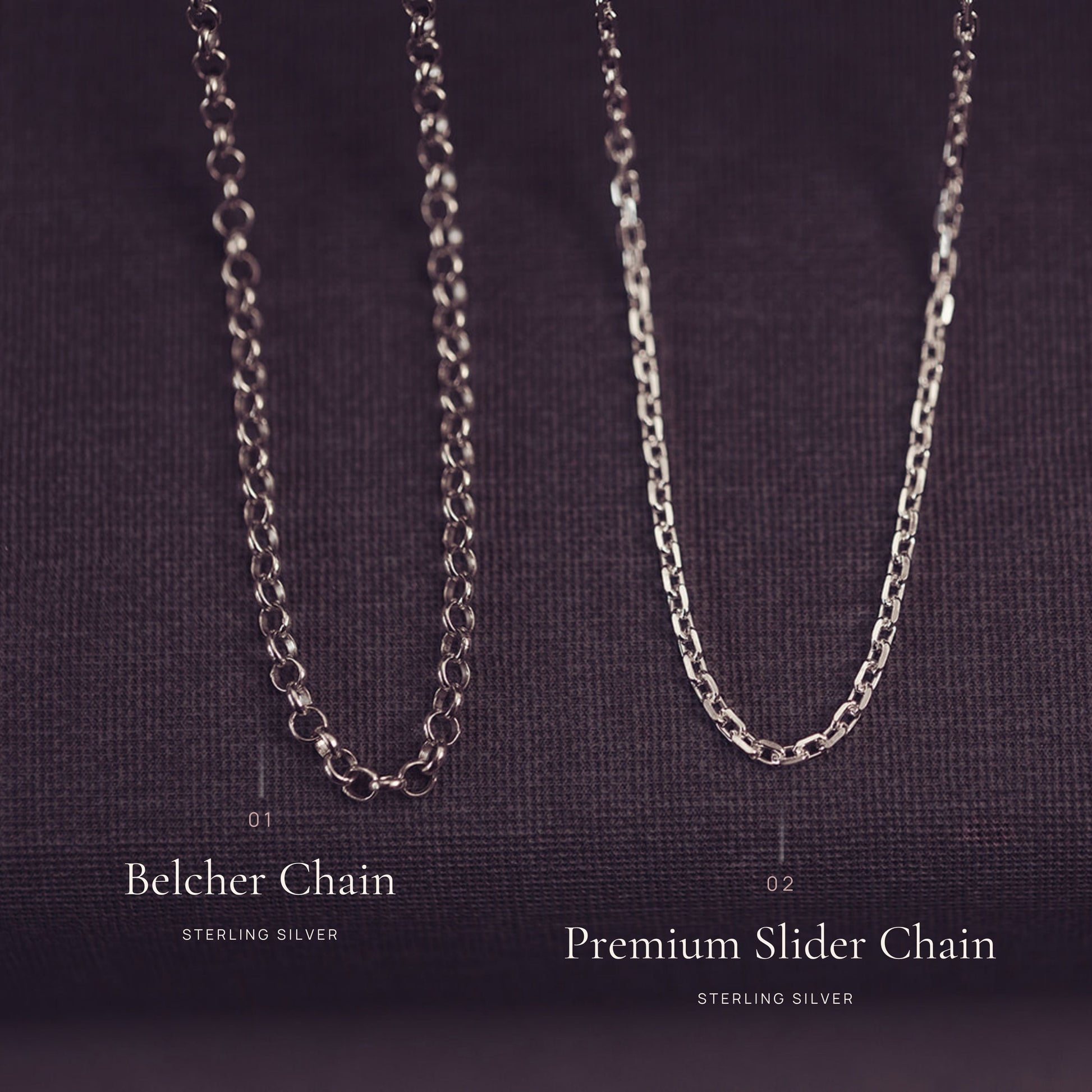 Two silver chains, a Belcher chain and a Premium Slider chain, on a dark background.